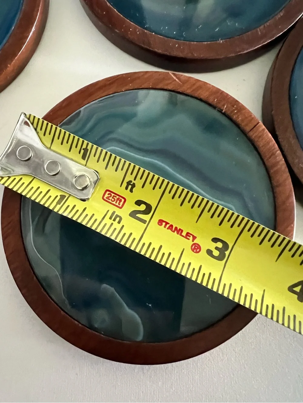 Vintage Brazilian Rosewood and blue agate slice coaster set of six with caddy.
